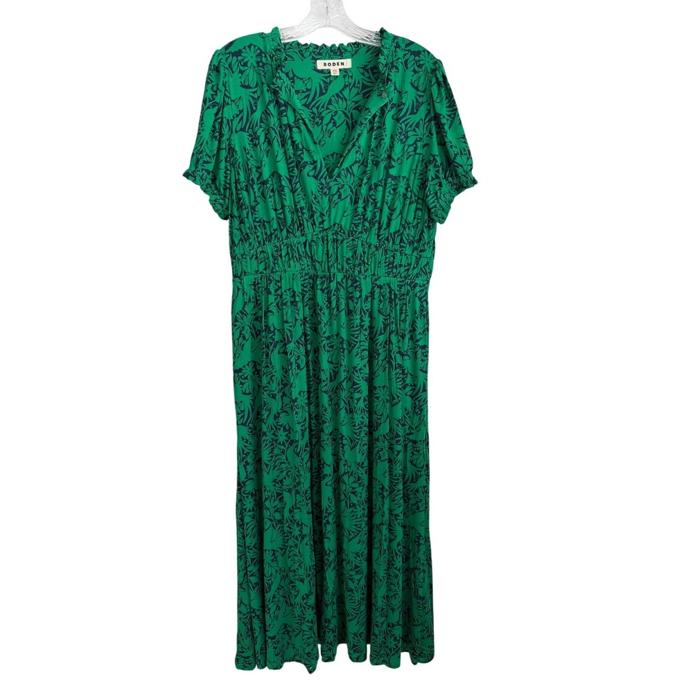 Boden Smocked Jersey Midi Dress 10R V-Neck Ruffle Green Bird Print US D0482